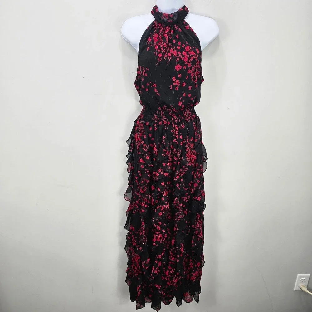 Ruffle Halter Maxi Dress L Black Red Floral Embellished Whimsigoth Fairy HOCO